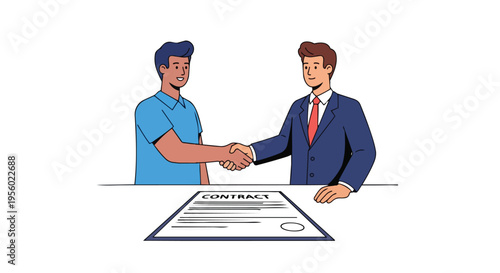 Flat 2D illustration of two businessmen shaking hands over a contract on a table with a labor union concept