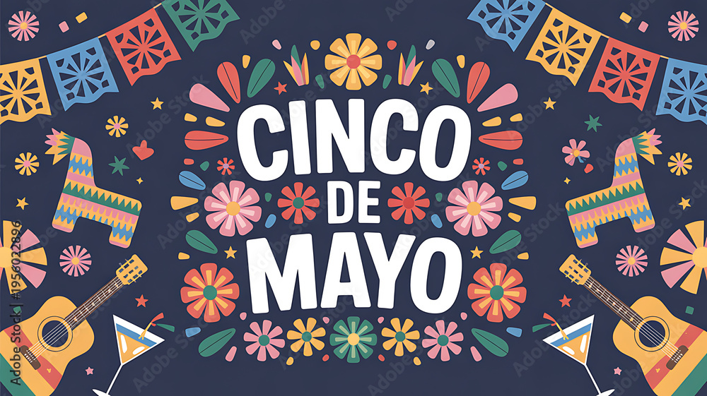 Fototapeta premium Vibrant cinco de mayo celebration graphic with colorful flowers and guitars