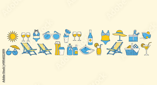 Summer vacation icons set, beach accessories and drinks, flat vector illustration collection of summer holiday elements including sunglasses, swimsuit, deck chairs, cocktails, wine, and picnic basket