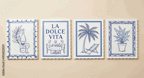 Set of four decorative ceramic tiles with blue and white mediterranean style illustrations featuring a wine bottle, la dolce vita dining scene, palm tree with beach chair, and a potted plant