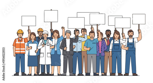 Flat 2D illustration of a diverse group of people from various professions holding blank signs in a labor union concept with a clean white background.