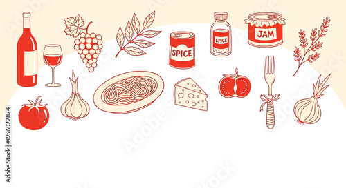 Set of italian food ingredients and utensils, hand drawn illustration of wine, pasta, cheese, tomato, garlic, onion, herbs, spice and jam, vector illustration