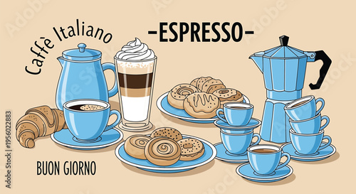 Italian breakfast with espresso, coffee, moka pot, croissant and pastries vector illustration of traditional morning coffee set with blue tableware on beige background