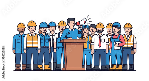 Flat 2D illustration of a labor union leader speaking through a megaphone at a podium surrounded by workers in hard hats and safety vests.