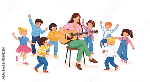 A teacher playing guitar for a group of happy children dancing in a classroom setting, illustration of music education and fun activity for kids
