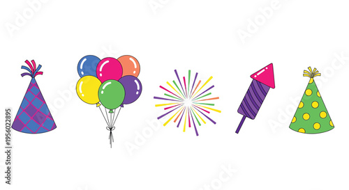 Set of colorful party elements including party hats, balloons, fireworks, and a rocket