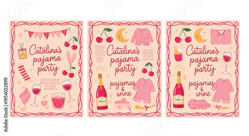 Set of three invitation cards for a pajama party with wine, cherries, and pajamas cute handdrawn illustrations for a bachelorette party, girls night, or slumber party celebration with pink aesthetic