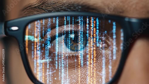 Extreme close up of a person's eye reflecting complex digital data streams and code through eyeglasses conveying