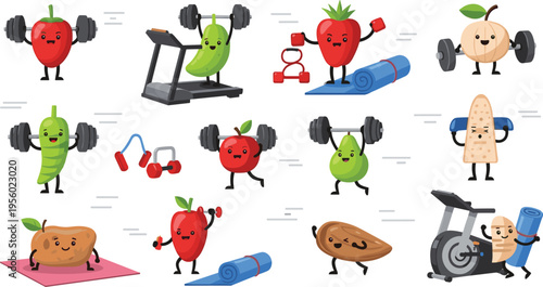 Funny healthy food characters doing fitness workout with fruits vegetables exercising gym activities cartoon vector illustration collection