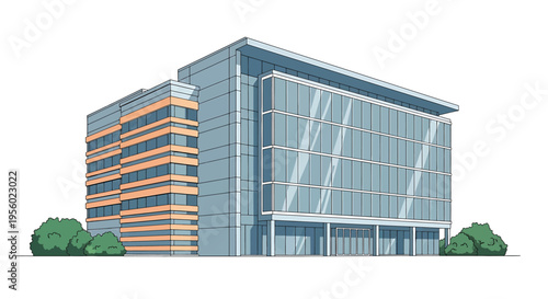 Modern office building with glass facade and architectural design, vector illustration of a contemporary commercial structure