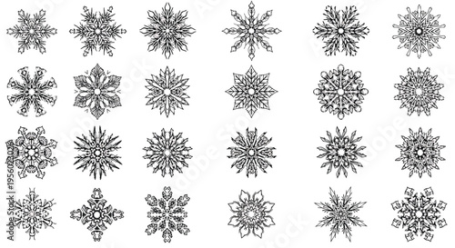 Set of hand drawn snowflakes, collection of winter decorative elements, black and white ink illustrations