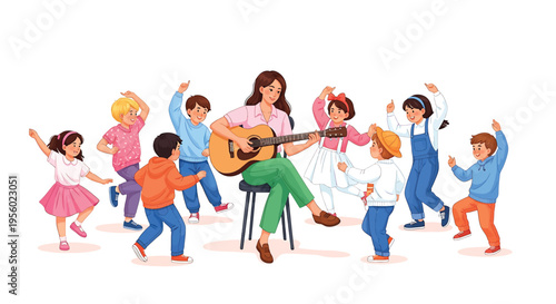 A teacher playing guitar for a group of happy children dancing and having fun together