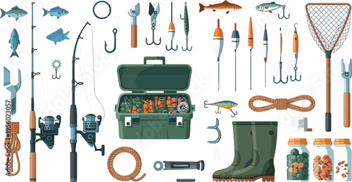 Fishing equipment collection with rods hooks lures tackle box boots and net angling gear cartoon vector illustration set