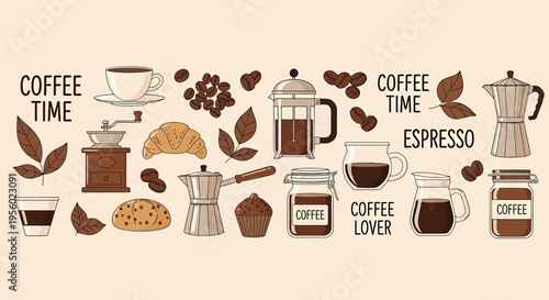 Coffee time set with coffee beans, cup, french press, moka pot, grinder, croissant, muffin and coffee jar hand drawn vector illustration