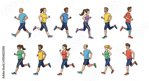 Set of diverse people running, jogging, and exercising, active lifestyle, group of men and women in sportswear, cartoon characters