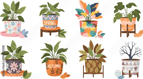 Indoor plants seasonal collection with potted houseplants spring summer autumn winter decorative botanical cartoon vector illustration set