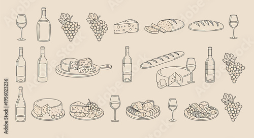 Set of wine, cheese, bread and grapes icons, hand drawn vector illustration