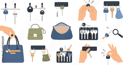 Keys and keychain organization set with bags holders and hands holding keys everyday accessories storage cartoon vector illustration collection