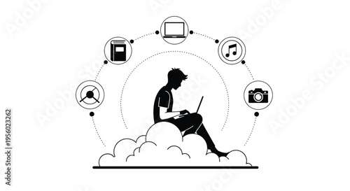 Silhouette of a person sitting on a cloud working on a laptop surrounded by digital icons