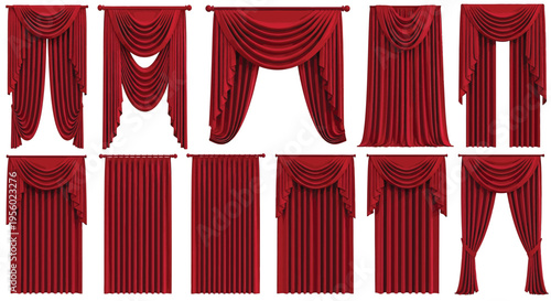 Set of classic red curtains and drapes with swags and valances