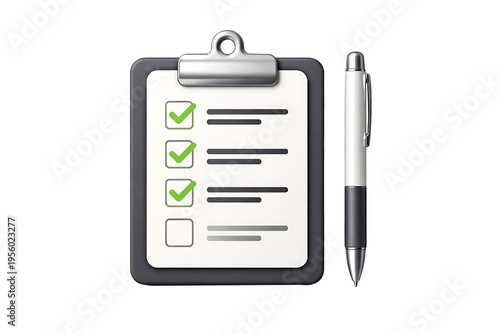 Clipboard checklist with pen task management document isolated on transparent background