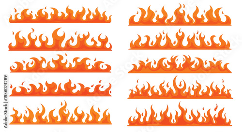 Set of fire flames borders, vector illustration of burning fire line