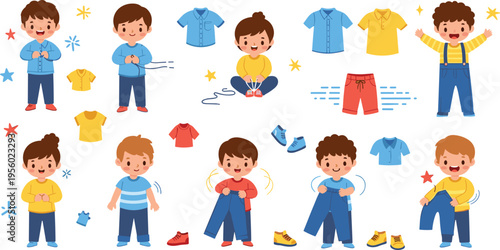 Kids dressing routine set with boy changing clothes, outfits and wardrobe items, cartoon children learning self care and daily habits vector illustration