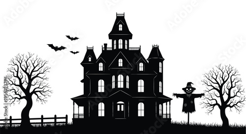 Haunted house silhouette with scary scarecrow and bats
