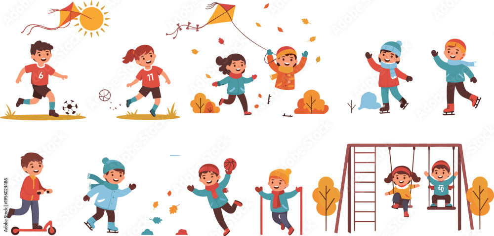 Fototapeta premium Kids outdoor activities in different seasons with playing football kite flying skating and playground fun cartoon vector illustration set