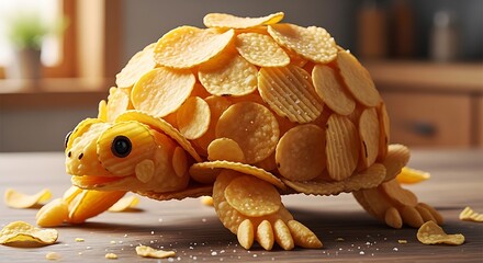 Captivating photos of a whimsical turtle sculpture artfully crafted from crunchy potato chips, presented in a modern kitchen setting