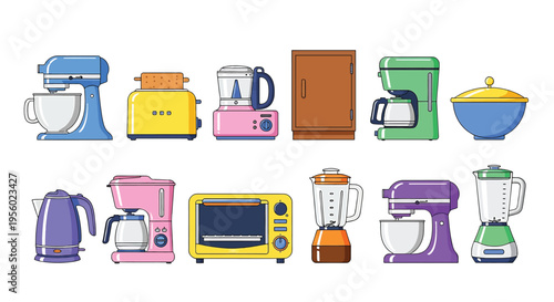 Set of colorful kitchen appliances including mixers, coffee makers, toasters, blenders, and oven