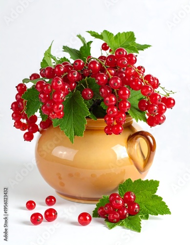 Still life of red berries in a tan-colored ceramic pitcher