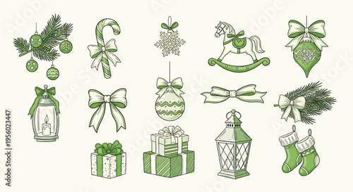Set of handdrawn christmas elements in green colors, including ornaments, gifts, lanterns, and festive decorations