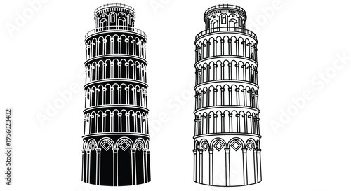 Leaning tower of pisa vector illustration set, iconic italian landmark architectural design
