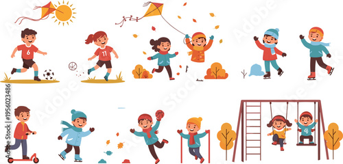 Kids outdoor activities in different seasons with playing football kite flying skating and playground fun cartoon vector illustration set
