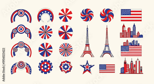 Set of patriotic american themed design elements, including flags, skylines, eiffel towers, and circular badges