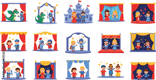 Kids theater performance set with stage scenes, fairy tale characters and costumes, cartoon children acting in play show, entertainment and drama vector illustration