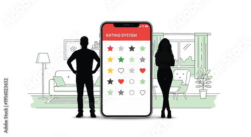 Rating system concept with silhouettes of a man and a woman standing next to a large smartphone screen showing various rating icons