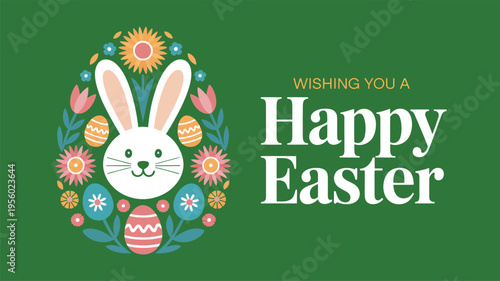 Easter Bunny Wishing Happy Easter with Colorful Flowers and Eggs