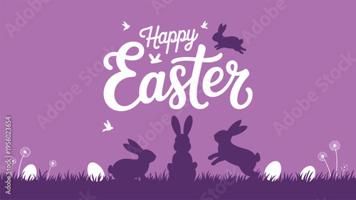 Easter Bunnies Jumping on Purple Background with Happy Easter Text