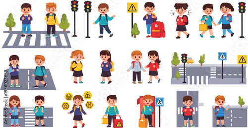 Kids road safety set with children crossing street traffic lights pedestrian signs and school safety rules cartoon vector illustration collection