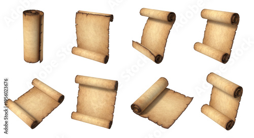 collection of aged parchment scrolls in various positions on a clean white background historical document illustrations