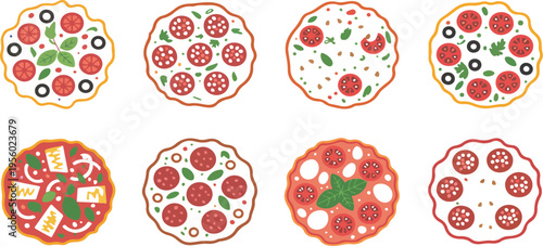 Set of tasty pizza illustrations featuring different varieties and styles, perfect for food design, menus, and vector artwork isolated