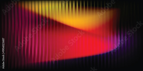 Colorful neon yellow red purple gradient light waves on dark vertical stripes, abstract vibrant nightlife background banner