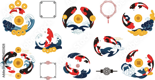 Koi fish and waves decorative elements set with Chinese coins traditional Asian symbols elegant ornamental vector illustration collection