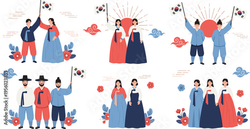 Korean traditional clothing Hanbok characters set with South Korea flags, cultural people vector illustration collection