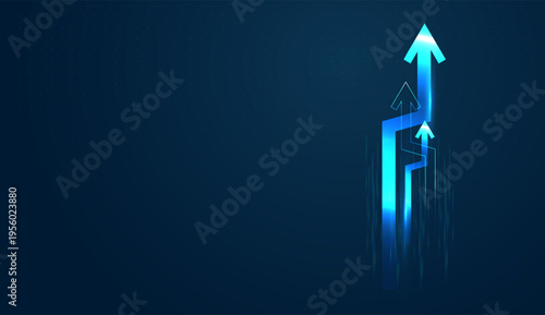 Digital arrows move up, and Sleek upward arrows on dark background depict business success in finance via technology. with Futuristic upward arrows illustrate success in technology