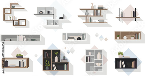 Modern wall shelves collection with books, plants and decor items, minimalist interior storage furniture set for home organization and living room design vector illustration