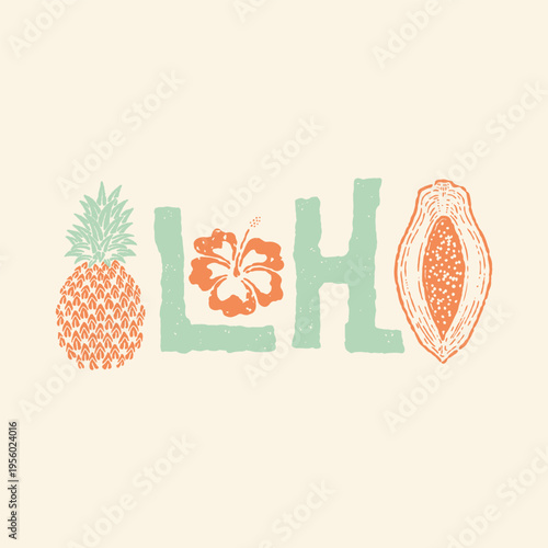 aloha illustration pineapple graphic papaya design flower badge tropical vintage typography
