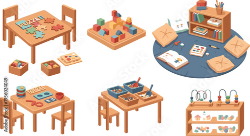 Montessori classroom activities set with educational toys, puzzles, counting beads and learning materials, preschool kindergarten environment vector illustration for early childhood development